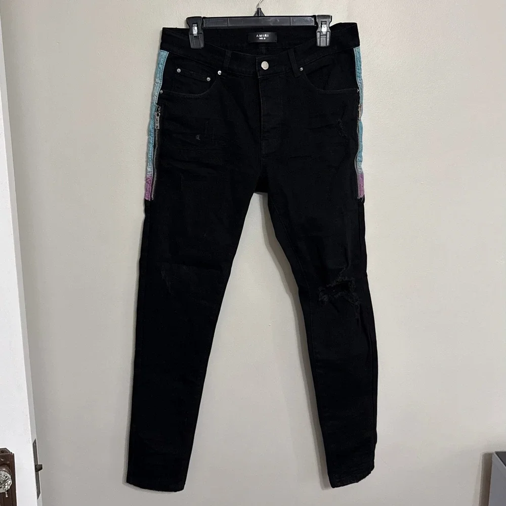 Amiri Mens 32x30 Black Distressed Side Stripe Zip Skinny Denim Jeans Made USA